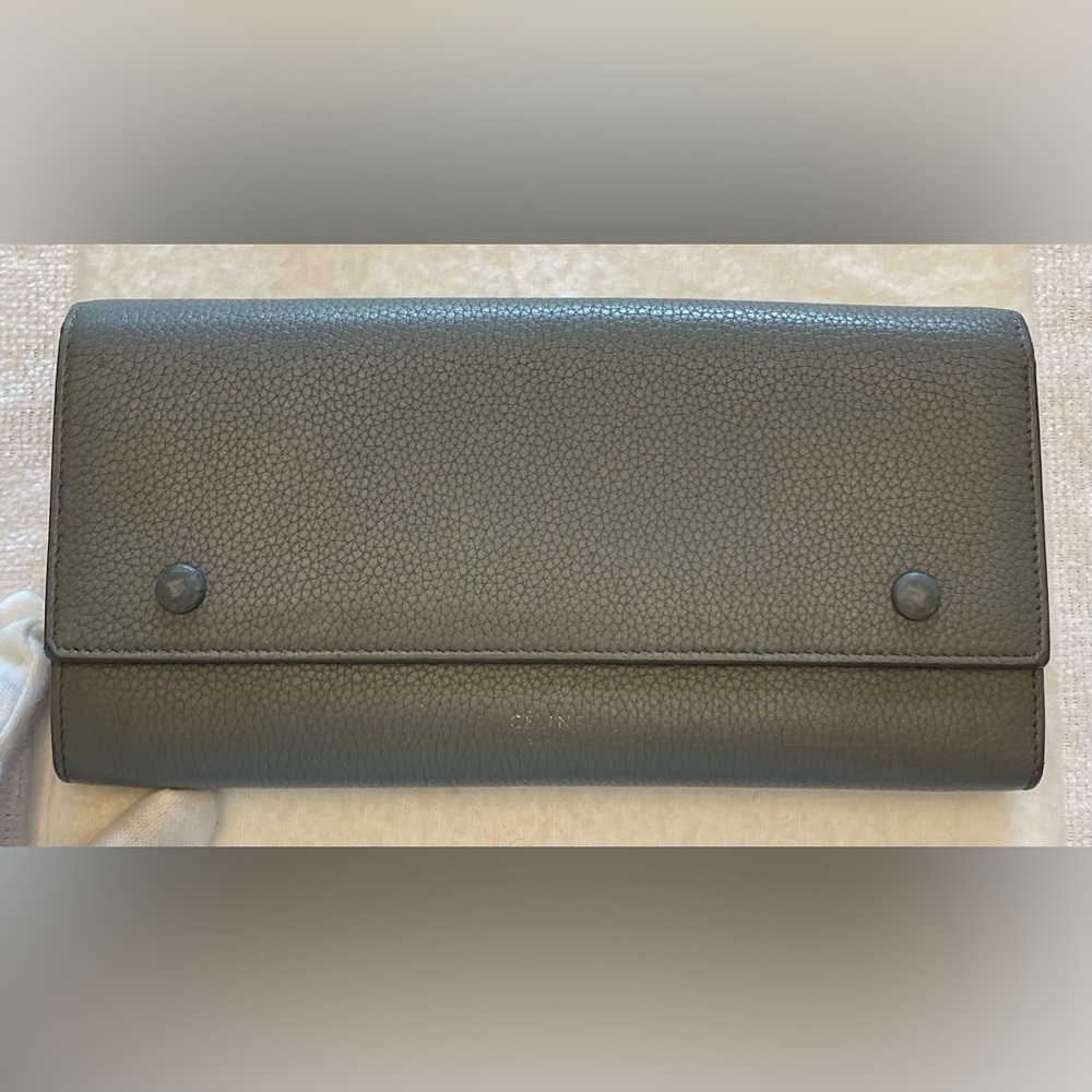 Celine Authentic Blue-Grey Vintage Leather Long Wallet